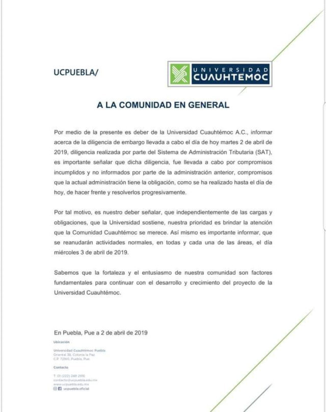 Tras embargo, Universidad Cuauhtémoc reanuda clases el miércoles