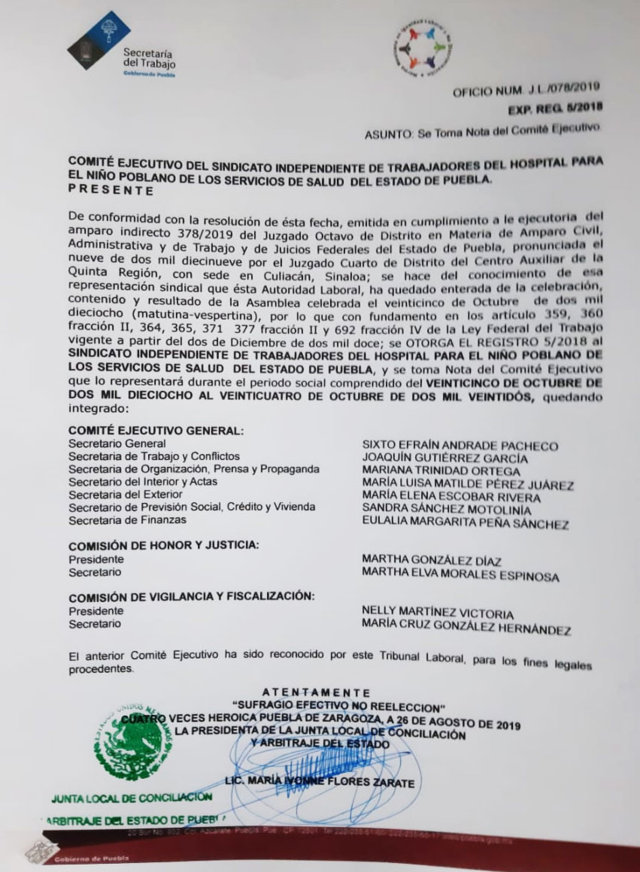 Tras 4 años, dan toma de nota a sindicato del Hospital para el Niño Poblano